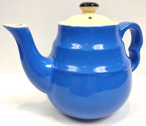 Vintage Blue Stoneware Oxford Style Teapot Made in USA 2 Ring Style 6.5"